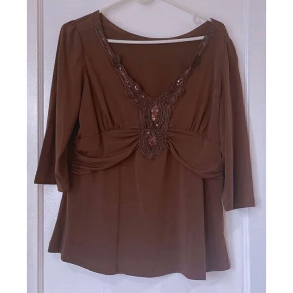 Chocolate, brown, sequin, three-quarter sleeve top - Picture 1 of 8